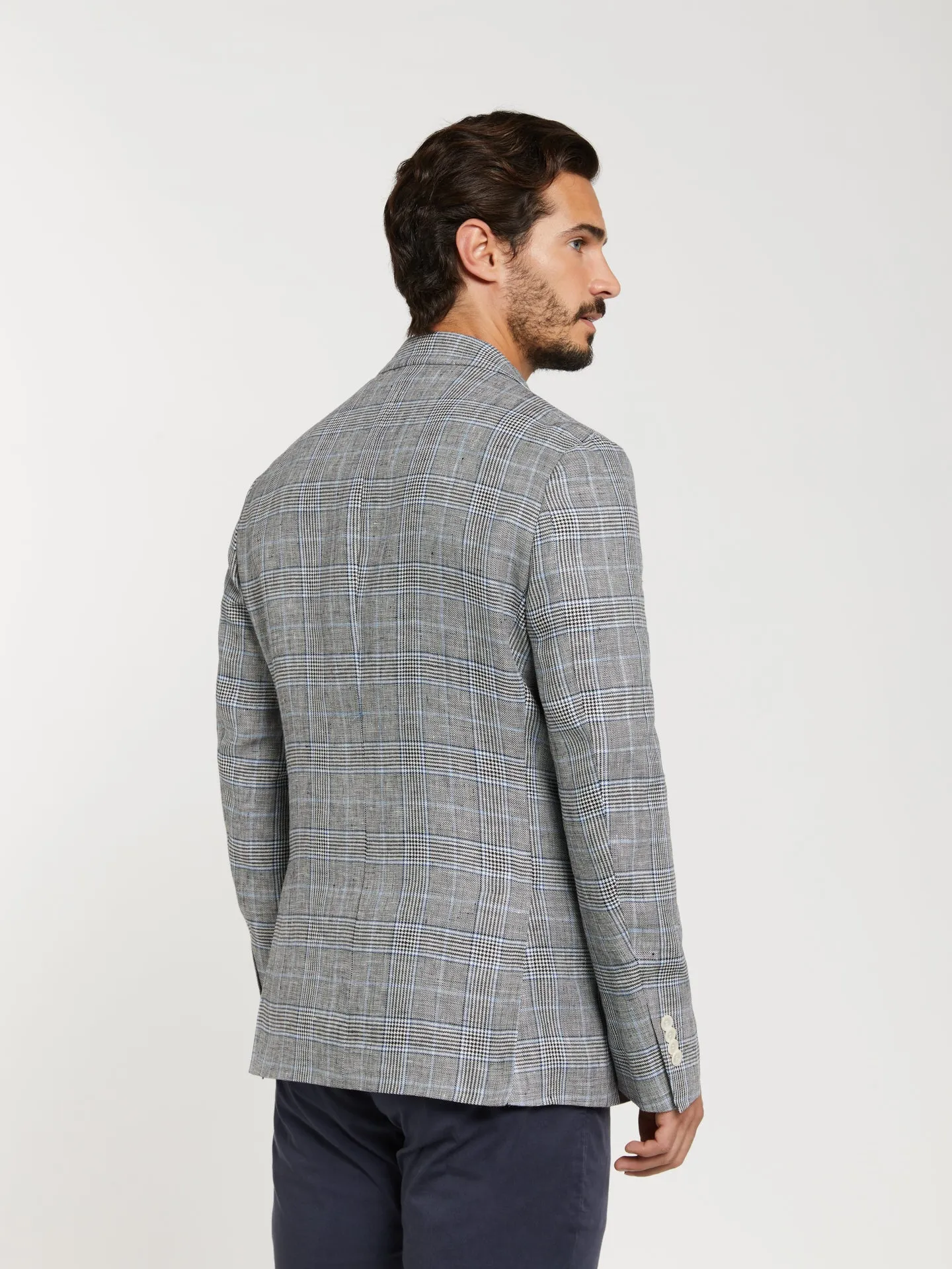 Unstructured glen plaid linen blazer