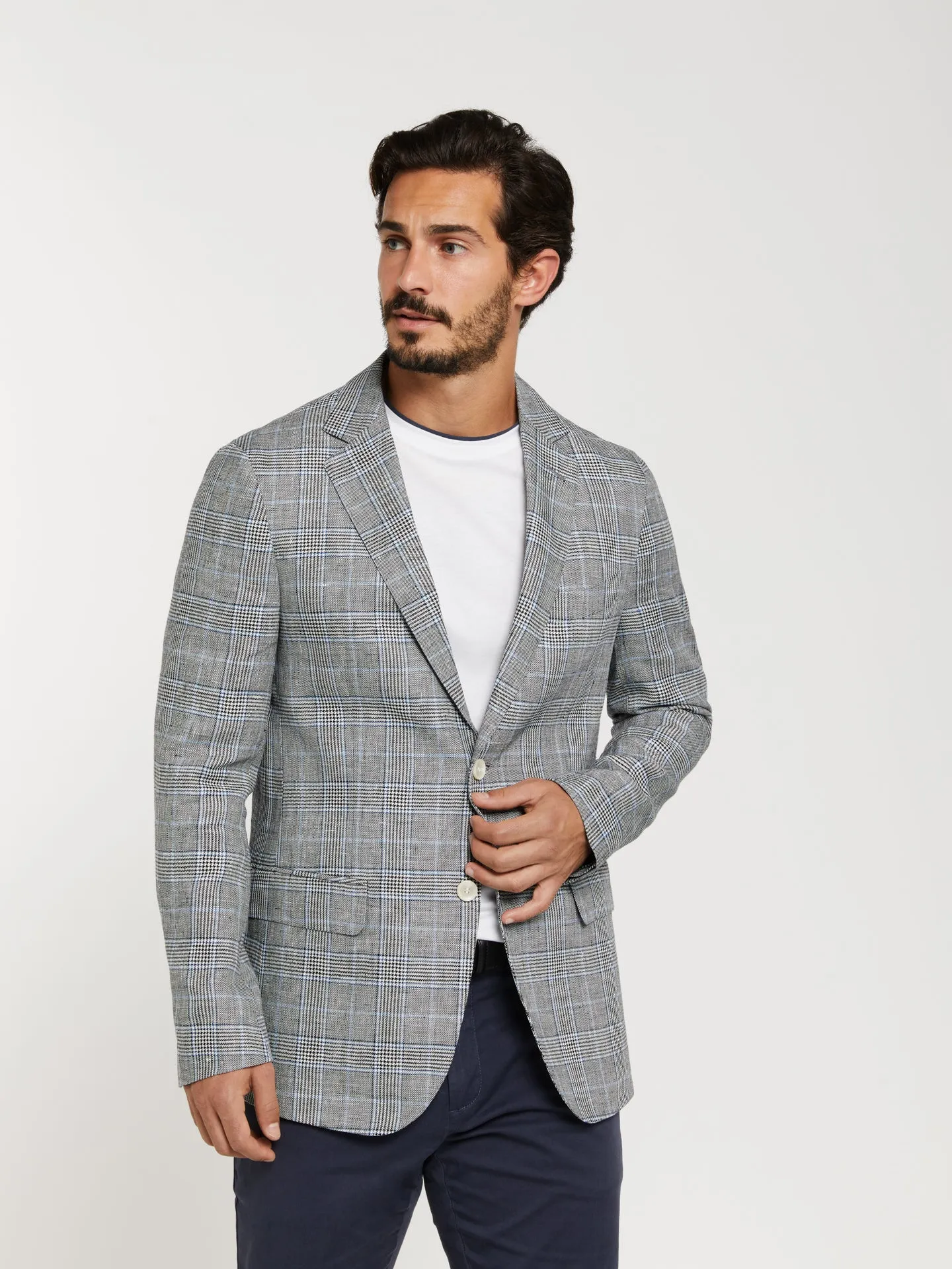 Unstructured glen plaid linen blazer