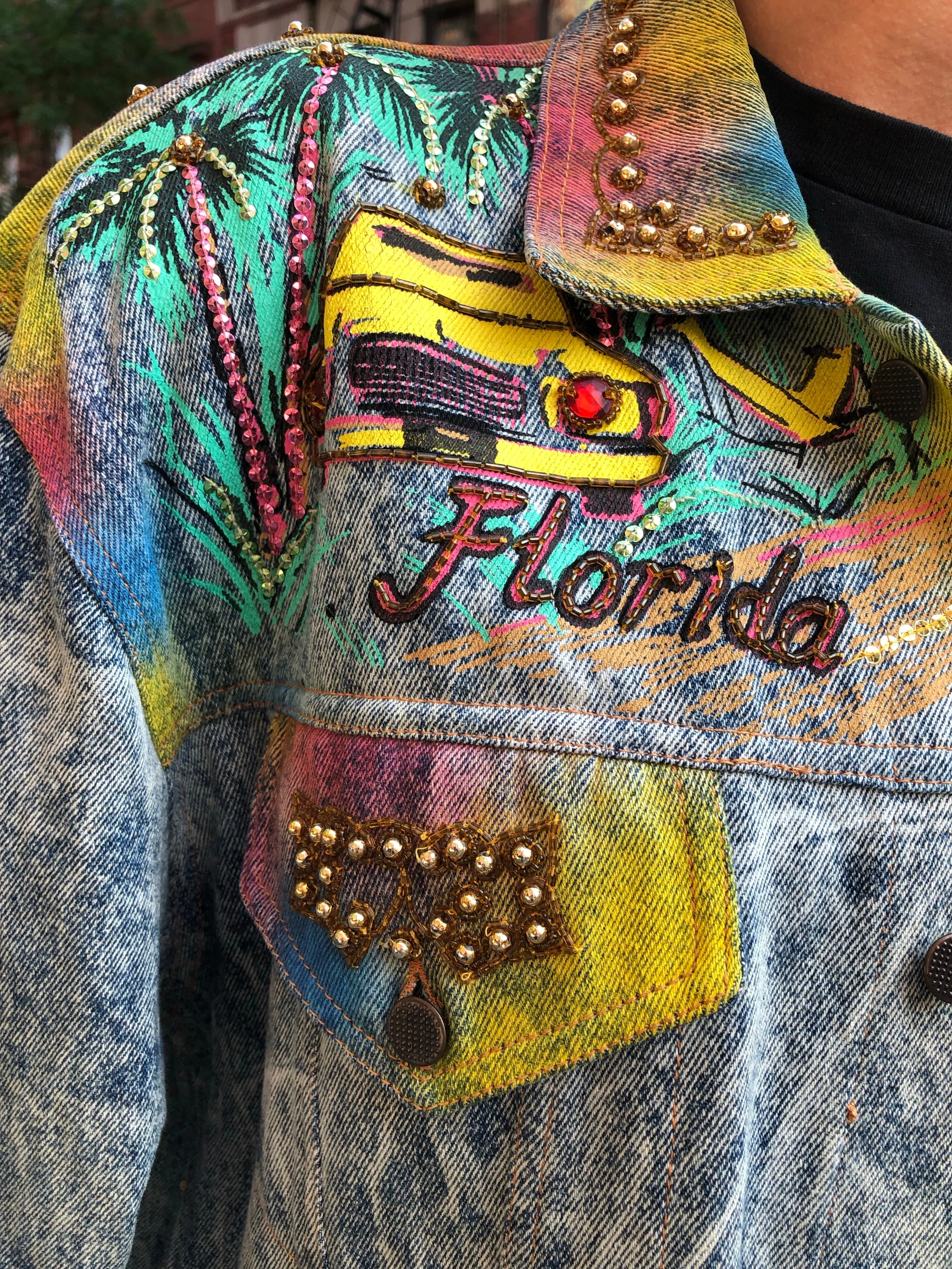 Vintage 80s 90s Miami theme bedazzled Jean Jacket