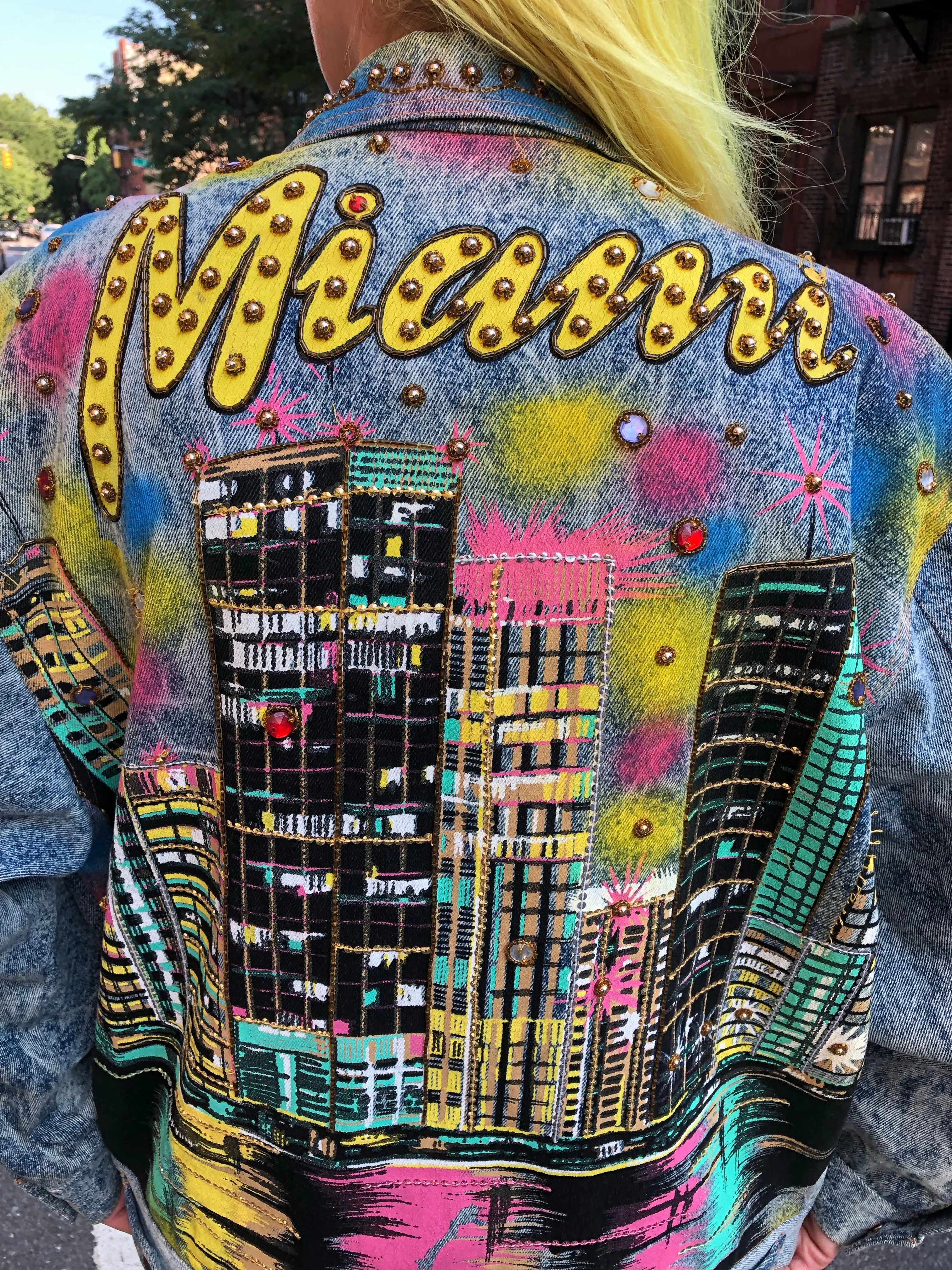 Vintage 80s 90s Miami theme bedazzled Jean Jacket