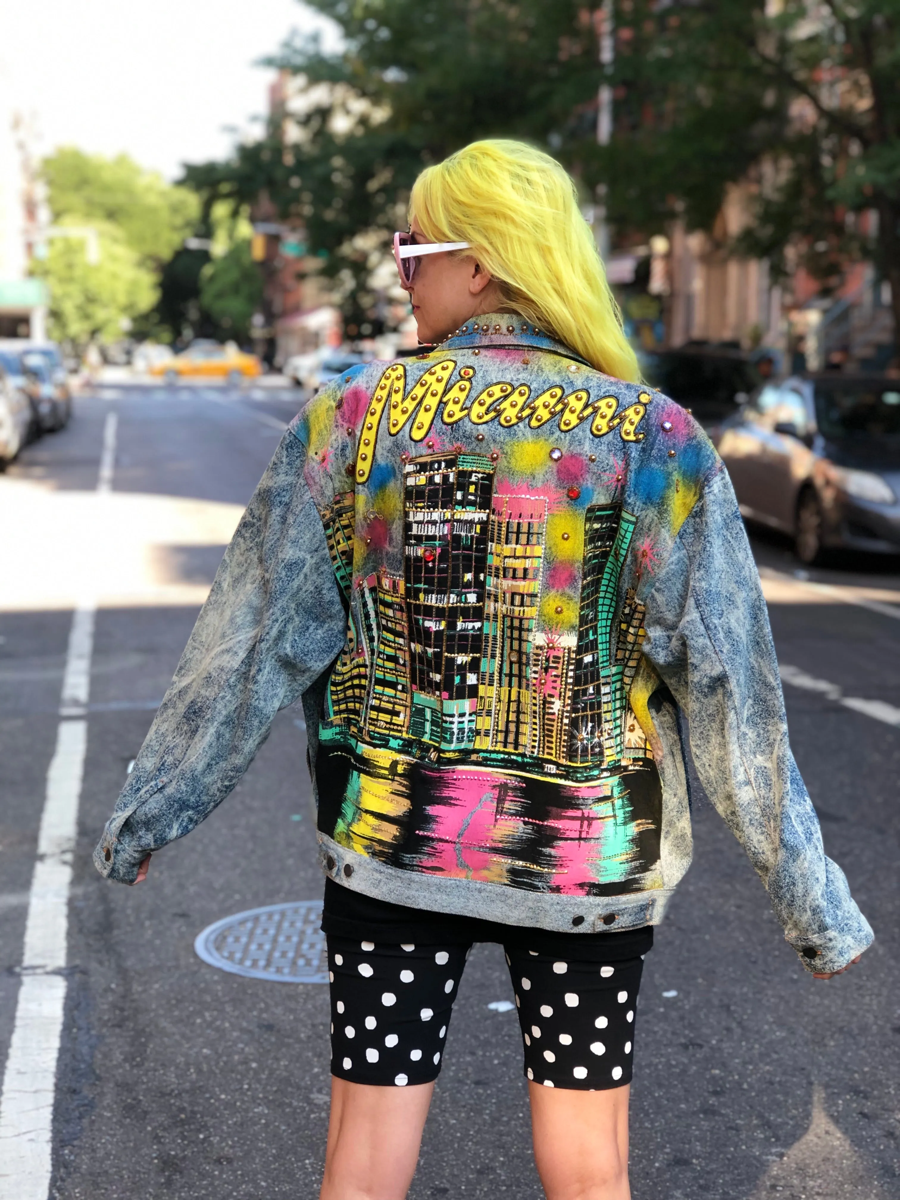 Vintage 80s 90s Miami theme bedazzled Jean Jacket