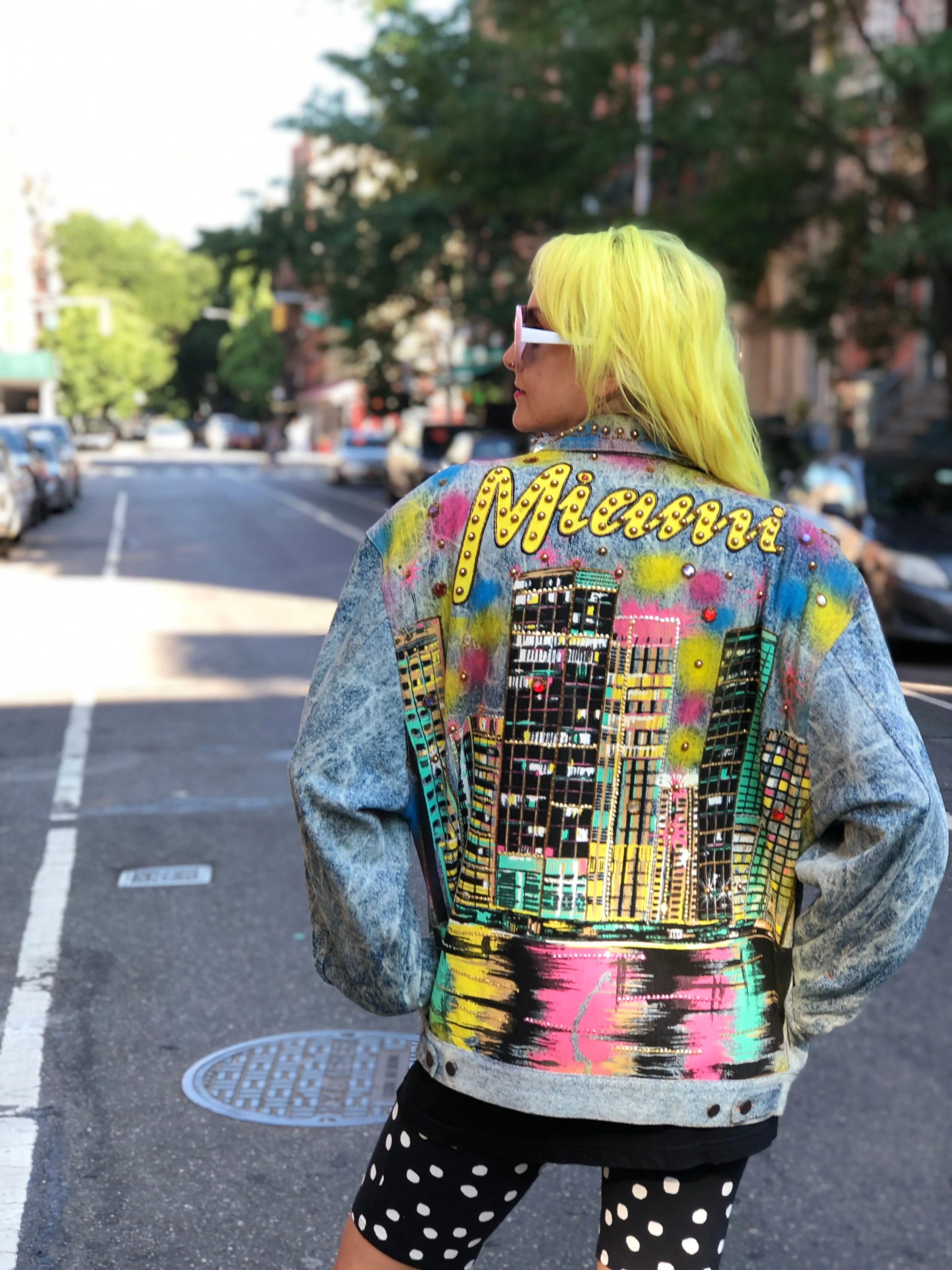 Vintage 80s 90s Miami theme bedazzled Jean Jacket