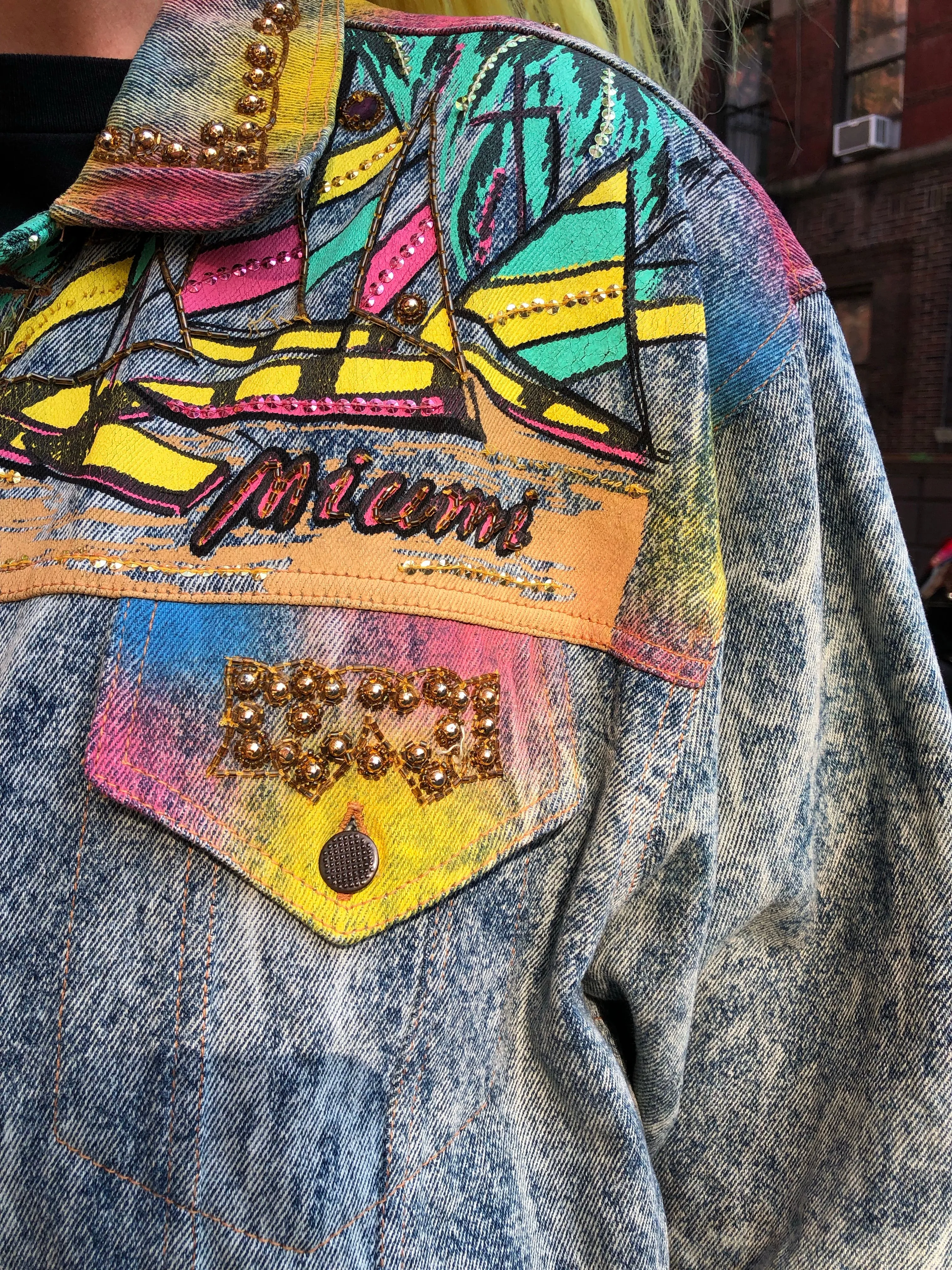 Vintage 80s 90s Miami theme bedazzled Jean Jacket