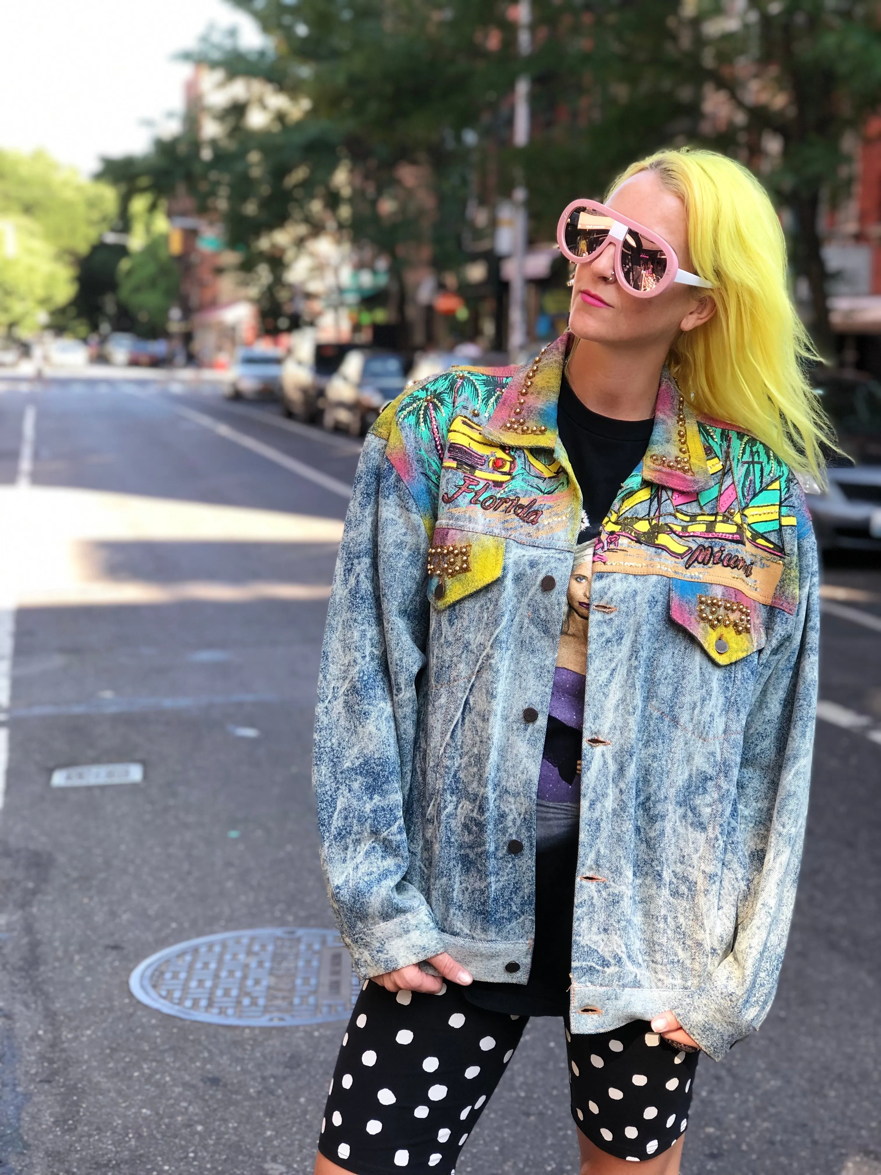 Vintage 80s 90s Miami theme bedazzled Jean Jacket