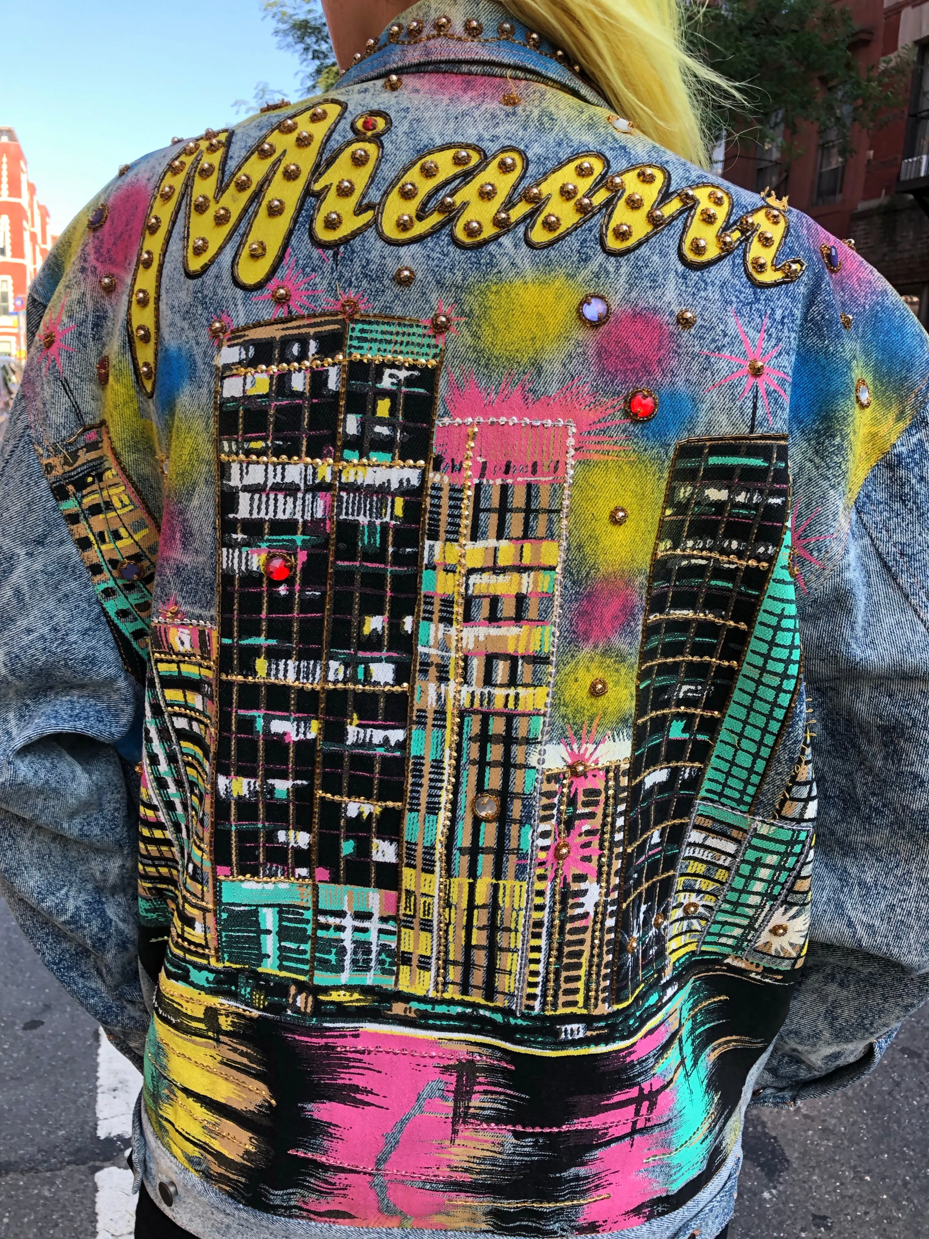 Vintage 80s 90s Miami theme bedazzled Jean Jacket