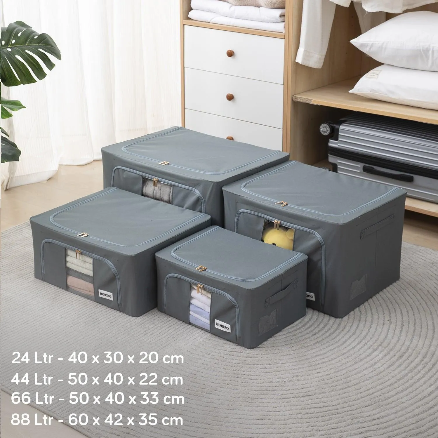 Wardrobe Organizer Zippered Cloth Storage Box, 88ltr 60x42x35cm, Grey