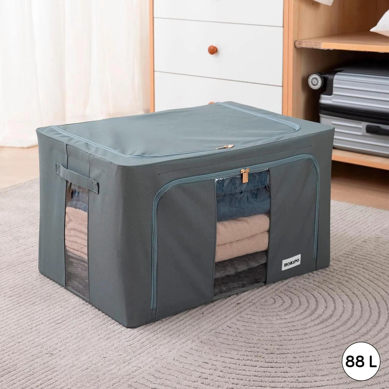 Wardrobe Organizer Zippered Cloth Storage Box, 88ltr 60x42x35cm, Grey