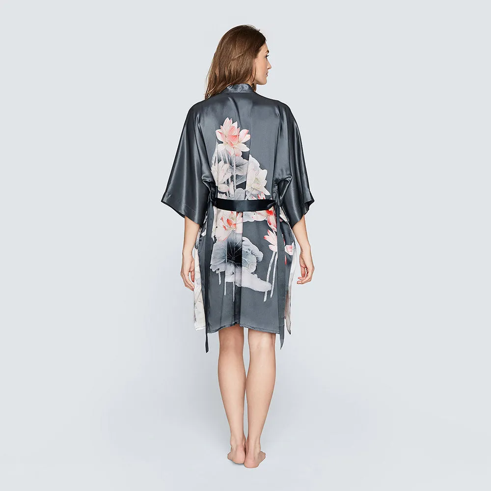 Washable Silk Lotus Short Kimono Robe