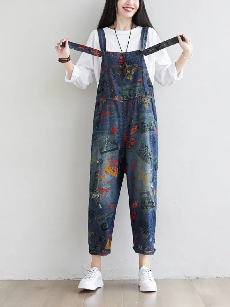 Women's Cute Artist Large Size Denim Overalls Jumpsuit