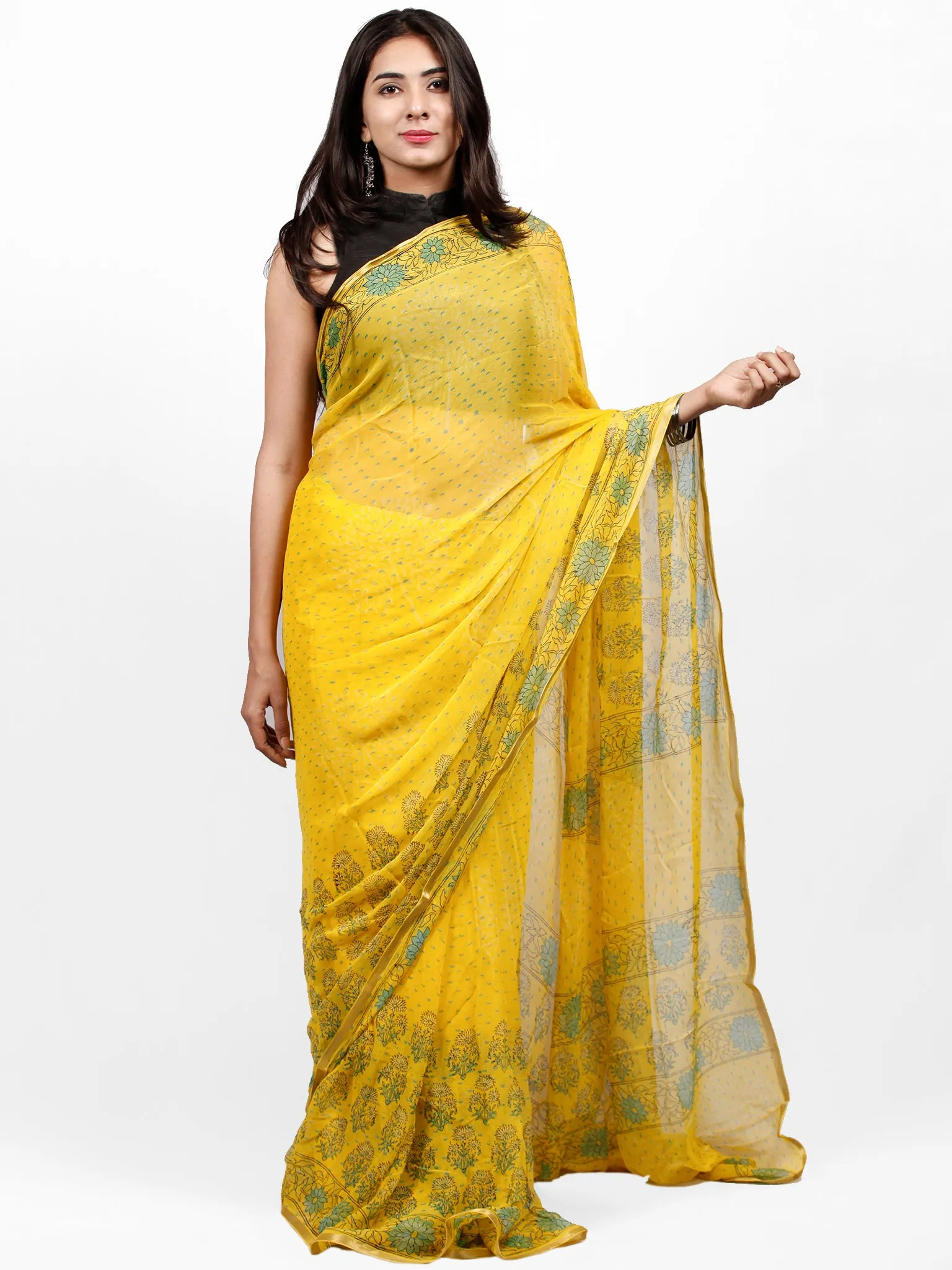 Yellow Green Hand Block Printed Chiffon Saree with Zari Border - S031703254