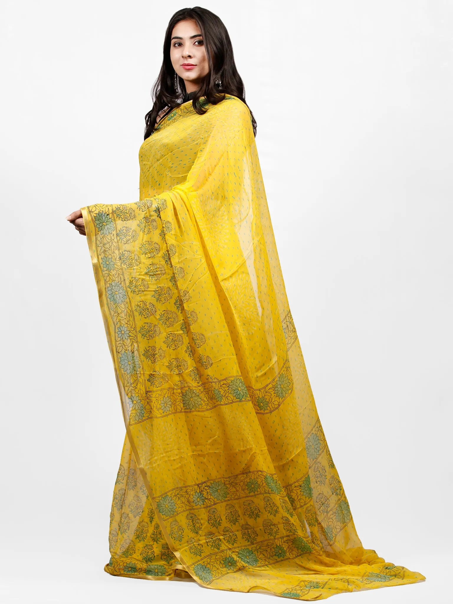 Yellow Green Hand Block Printed Chiffon Saree with Zari Border - S031703254