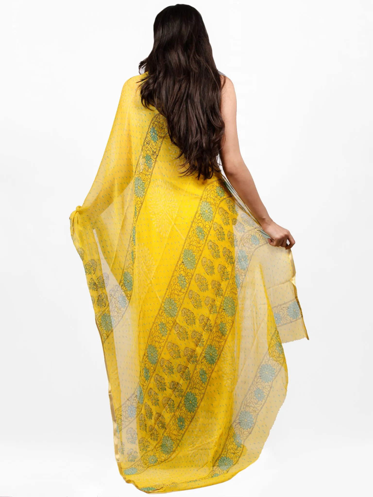 Yellow Green Hand Block Printed Chiffon Saree with Zari Border - S031703254