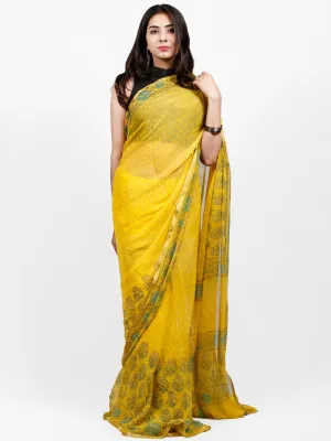 Yellow Green Hand Block Printed Chiffon Saree with Zari Border - S031703254