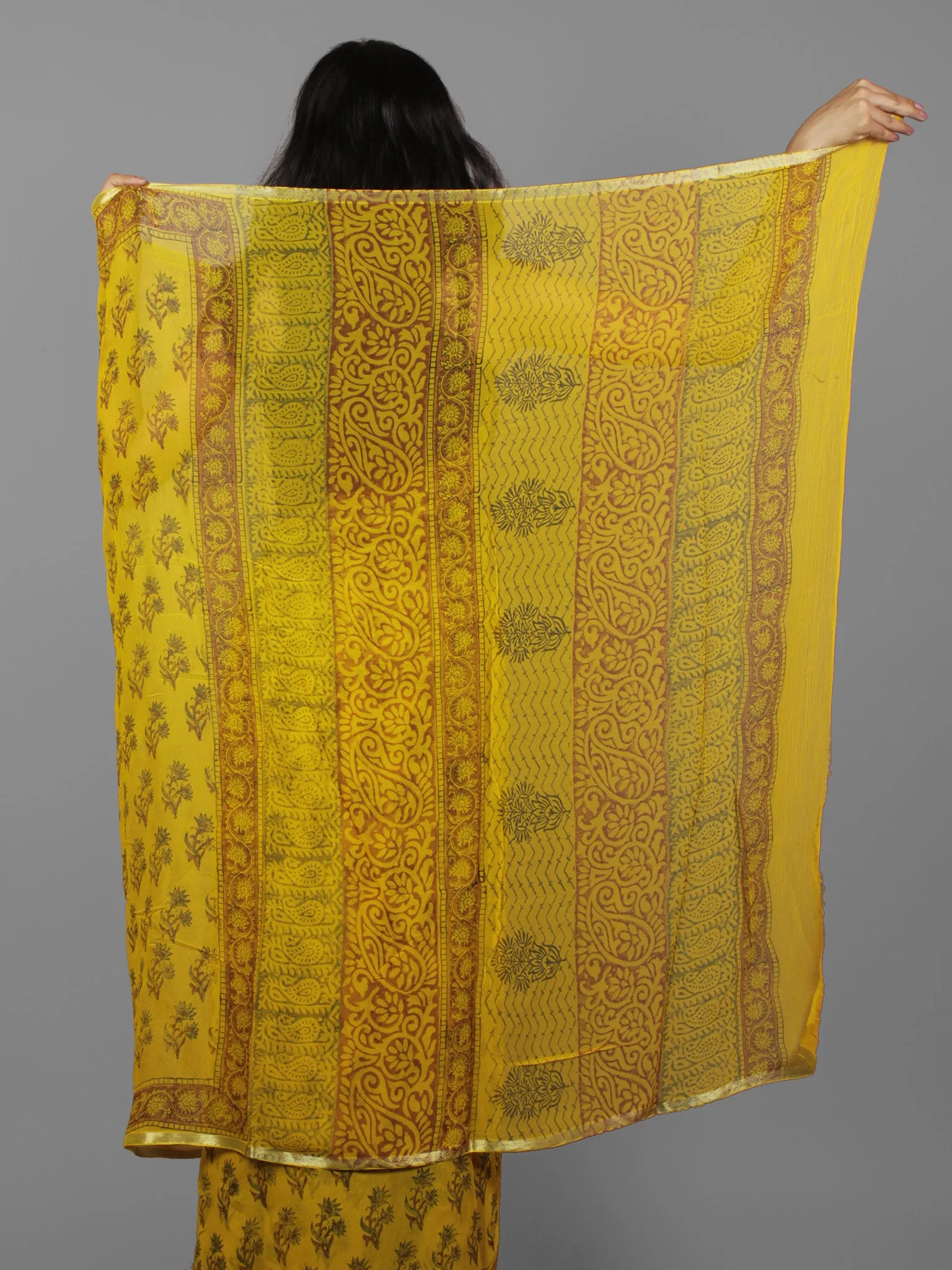 Yellow Green Maroon Hand Block Printed Chiffon Saree - S031702110