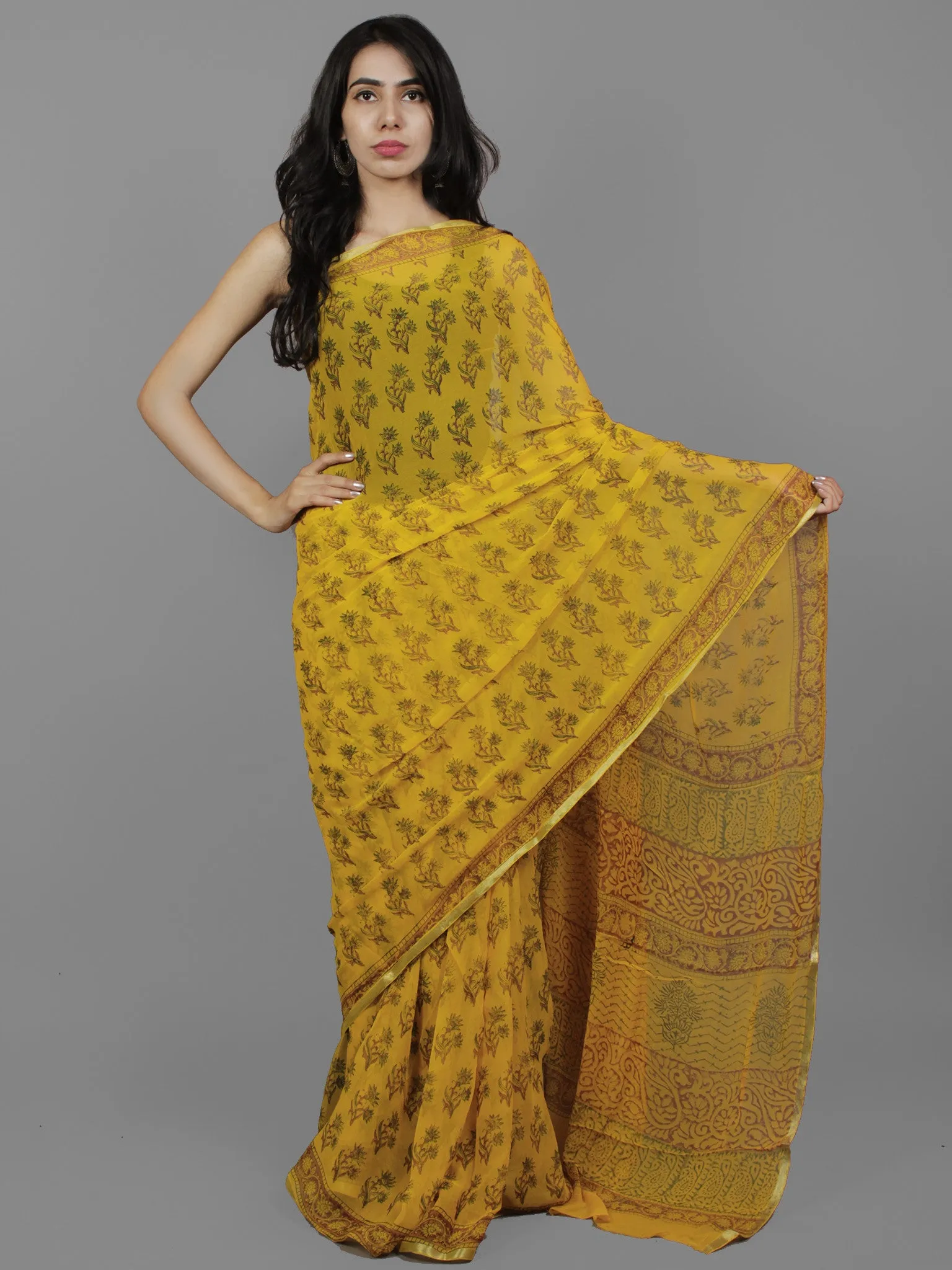 Yellow Green Maroon Hand Block Printed Chiffon Saree - S031702110