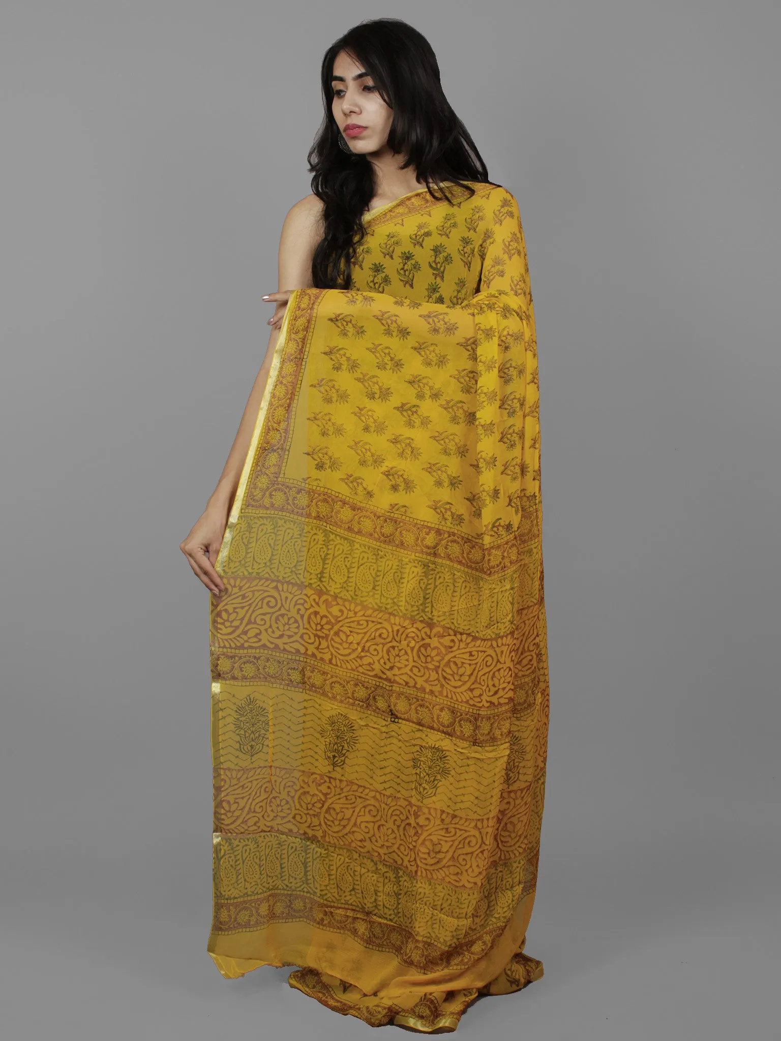 Yellow Green Maroon Hand Block Printed Chiffon Saree - S031702110